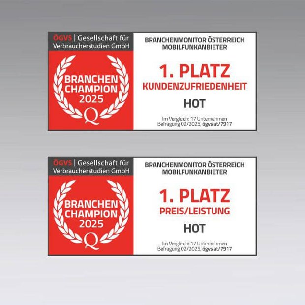 HoT ist Branchen-Champion 2025, 2 Auszeichnungen für HoT bei Kundenzufriedenheit und Preis/Leistung