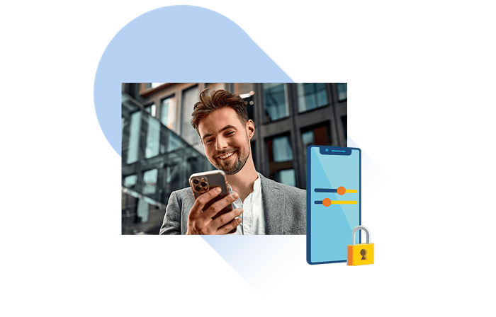 Junger Mann betrachtet Smartphone mit Symbol Kostenkontrolle