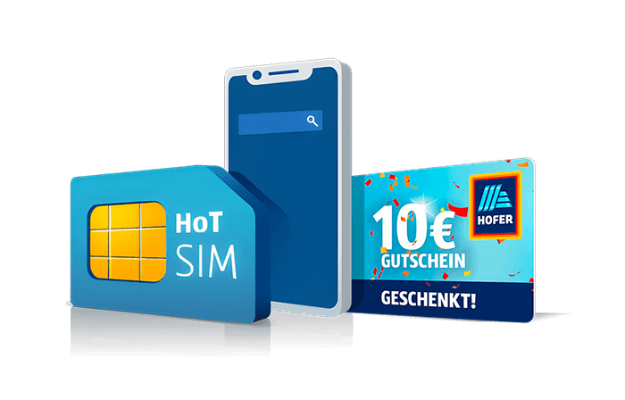 Illustration Smartphone mit HOFER Gutschen und SIM-Karte